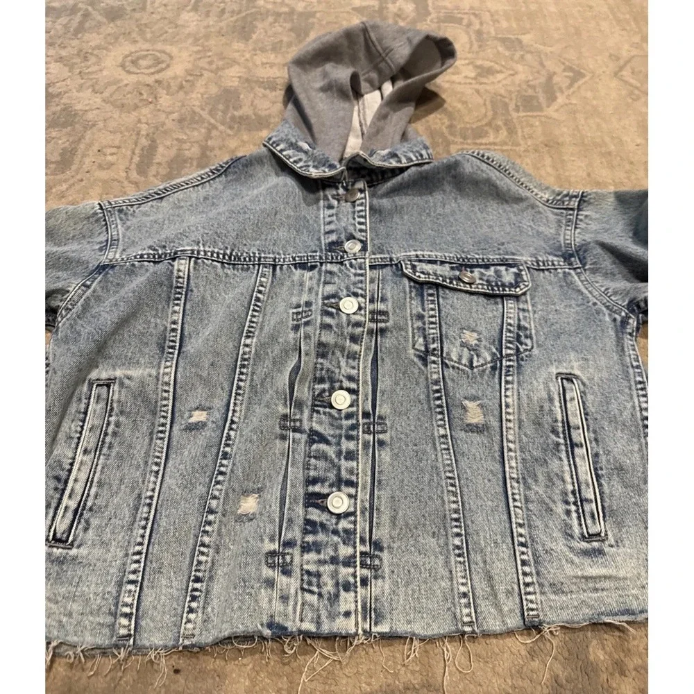 Buckle Denim BKE Blue Jean‎ Jacket Gray Fleece Hood Youth Boys Sz  XL Distressed
